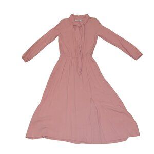 Blush Pink Long‑Sleeve Tie‑Neck Midi Dress – Elegant, Soft & Flowy